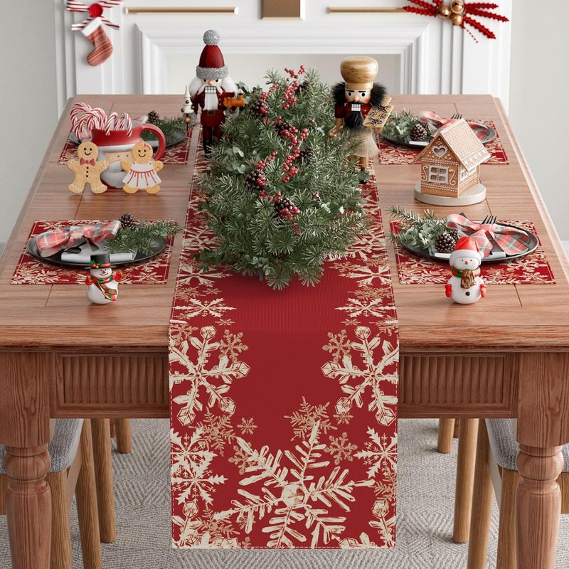 XCHI Red Snowflakes Winter Christmas Xmas Table Runner Table Decoration for Home Kitchen Dining Holiday Decor 13x48 Inch - Image 2
